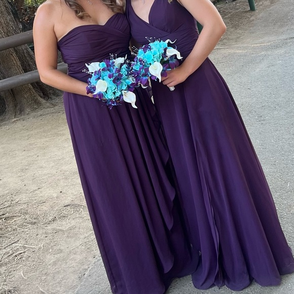 David's Bridal Plum Pleated Body Strapless Long Chiffon Bridesmaid Maxi Dress - Picture 8 of 8